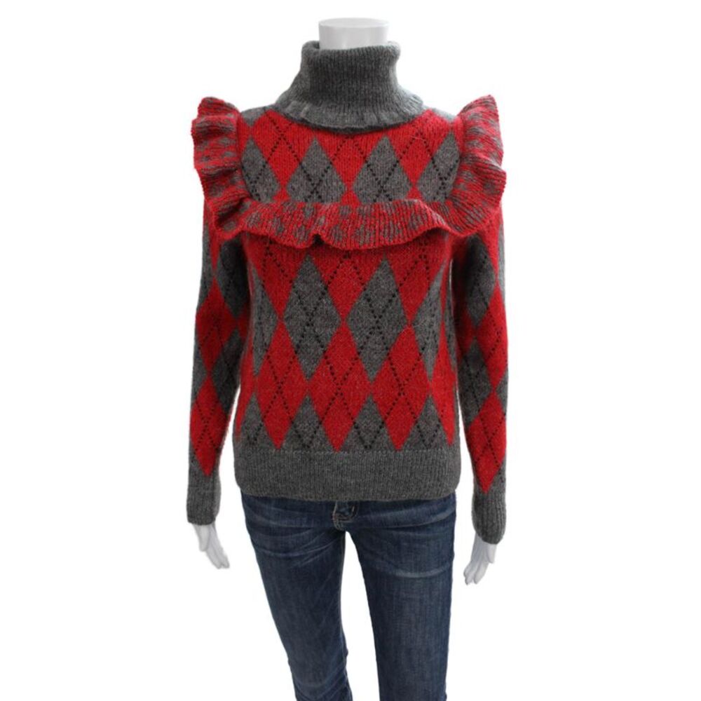Zara Womens Pullover Sweater Red Argyle Turtleneck Long Sleeve Size S